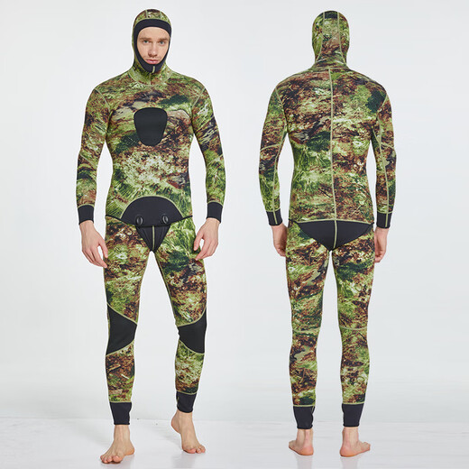 SBART 3MM rubber wetsuit split surf suit men's warm winter swimming long-sleeved one-piece swimsuit thickened jellyfish suit 1047 camouflage with hood XL