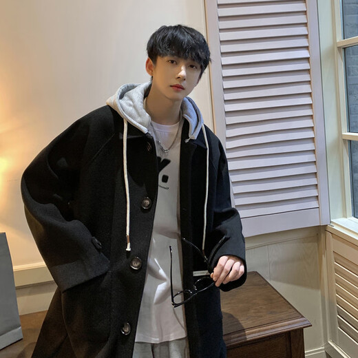 NEW OR MODE American mid-length woolen coat for men in autumn and winter, knee-length trendy windbreaker, thickened hooded woolen coat, off-white XL