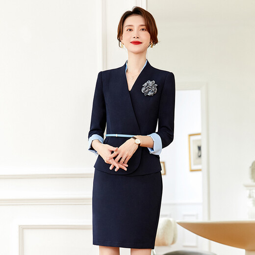 Luo Meng Professional Suit Formal Wear Women's Sales Department Work Clothes Interview Suit Hotel Front Desk Workwear Stewardess Uniform Summer Blue Collar Long Sleeve Navy Suit + Pants L
