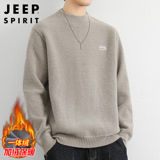 JEEP SPIRIT Jeep sweater men's autumn and winter Korean style round neck sweater men's one-piece velvet warm sweater light gray XL