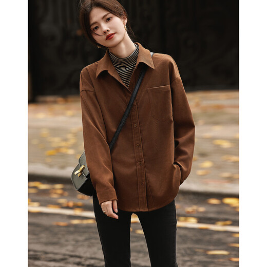 Demana Urban Casual Commuting Half-High Lapel Shirt Contrast Color Stitching Brushed Shirt Women's Top Light Brown L