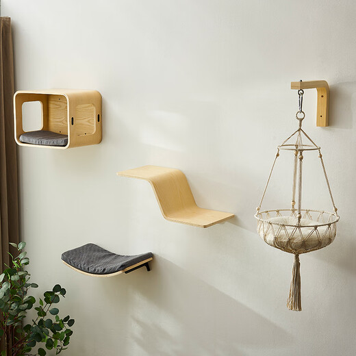 Meowlis Cat Climbing Frame Wall-Type Solid Wood Cat Jump Climbing Post Does Not Take Up Cat Nest Integrated Cat Scratching Board Cat Toy Glass Plank Road - Beeswax White