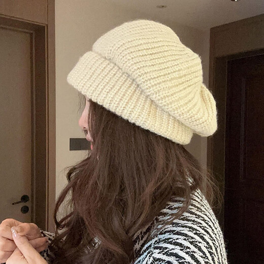 Woodpecker wool knitted beret women's autumn and winter Japanese style simple cloud painter hat big head circumference showing face small woolen hat E-423CH khaki mohair knitted beret 55-58CM