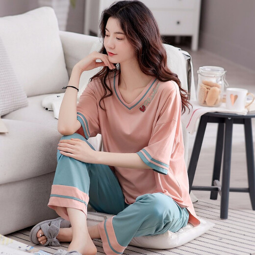 伴心乐（Banxinle）纯棉睡衣女夏季短袖长裤薄款可外穿半袖女生居家服夏天休闲女套装 7371-1# 女XXL/175