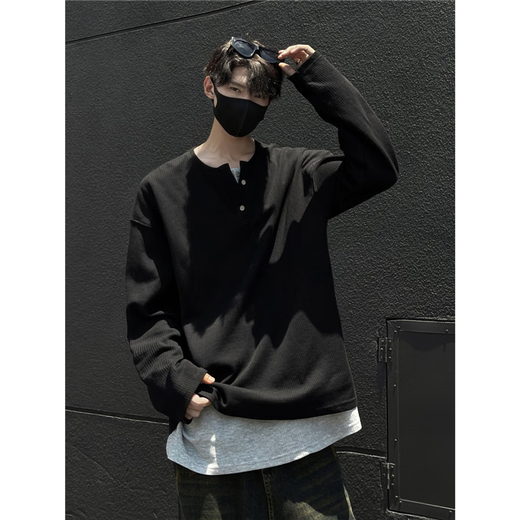 Jufeng fake two-piece Henry collar long-sleeved T-shirt men's 2025 autumn and winter new heavyweight inner layering shirt loose top gray - V-neck double-breasted XL
