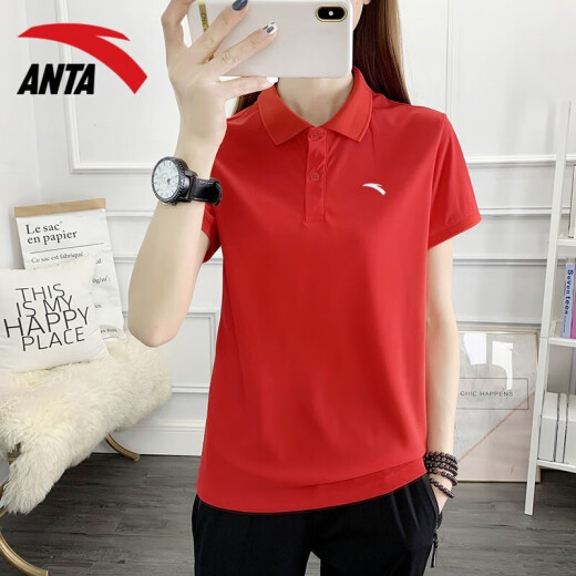 安踏（ANTA） 短袖t恤女夏季宽松透气翻领polo衫跑步健身轻薄冰丝速干衣户外半袖体恤休闲运动服装 -4A14066经典红 S/160