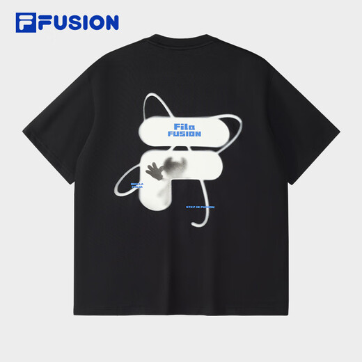 FILA FUSION斐乐潮牌情侣款针织短袖衫2025春新款凉感宽松纯棉T恤 正黑色-BK L