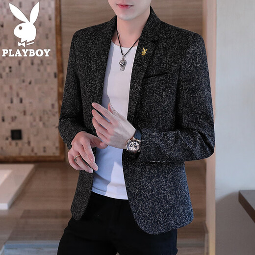 Playboy suit men's autumn and winter casual men's single Western Korean version slim fashion youth small suit j plus velvet jacket men's trendy K03 black regular style 2XL135-150Jin Jin is equal to 0.5 kg wear