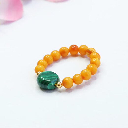 Qichangtang Beeswax Ring Chicken Oil Yellow Old Material Honey Full Wax Amber Malachite Finger Ring for Girlfriend Birthday Gift for Wife Beeswax Ball Bead Malachite Elastic Finger Ring About 4mm