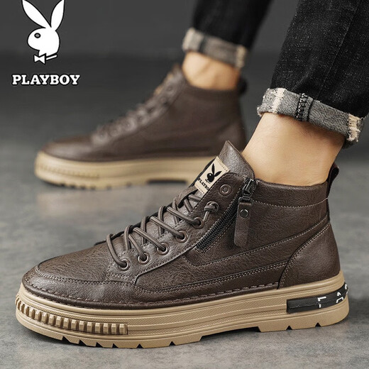 花花公子（PLAYBOY）鞋子男鞋高帮2025棉鞋秋冬季新款男士休闲皮鞋男加绒板鞋马丁靴男 棕色 CPL1253886 41