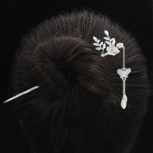 Fu and Fu S925 silver tassel hair accessories, palace style hand-carved white crystal cherry blossom hairpin, simple silver hairpin, white, 925 silver