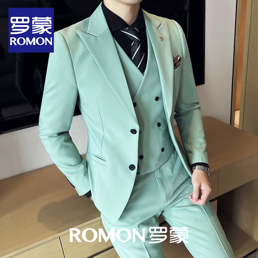 ROMON, light and sophisticated, simple British business suit, men's casual business suit, small suit, solid color coat, groom's wedding dress, trendy gray (suit + vest + pants) M 170