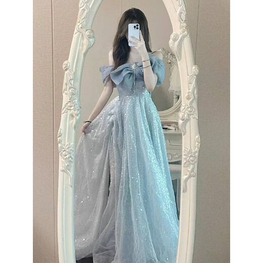 NJTD一字肩晚礼服女宴会气质轻奢小众主持人艺考礼蓬蓬纱裙女 主图款 均码 xs