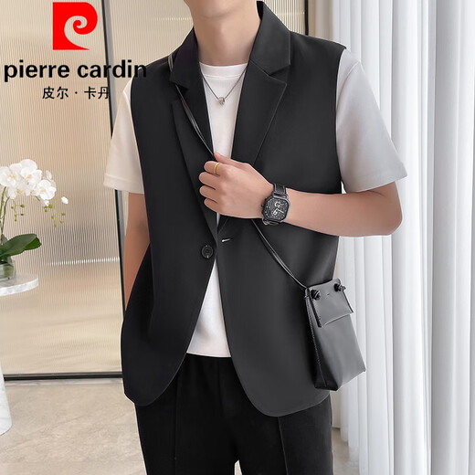 皮尔卡丹（pierre cardin）轻熟风西装外套男夏季新款冰丝高级感马甲小西服潮流无袖背心坎肩 黑色 XL