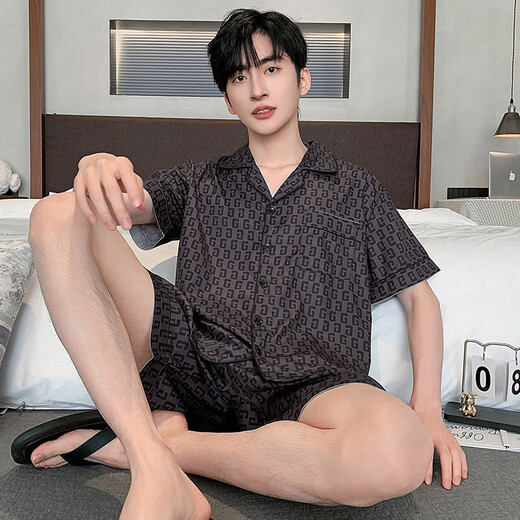 
LangSha ice silk pajamas men's summer short-sleeved thin imitation silk home clothing men's middle-aged and young summer silk suit LQY6628 3XL 175-185CM/170-190Jin[Jin equals 0.5 kg]