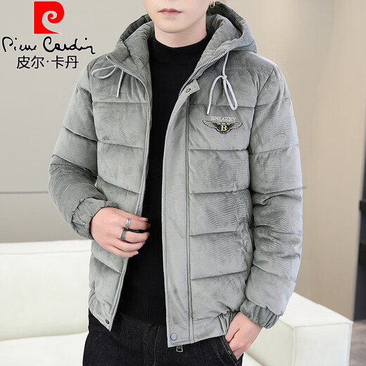 Pierre Cardin winter gold velvet cotton coat men's trendy Korean style casual thickened warm cotton coat youth hooded cold weather jacket Khaki M 90-105Jin Jin equals 0.5 kg