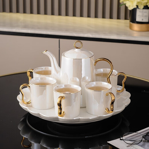 Yanze Light Luxury Wedding Gift Wedding Gift for Couple Glass Tea Set Rotatable Practical Cup Pearl Ear Pearlescent Eight-piece Set-Gift Box