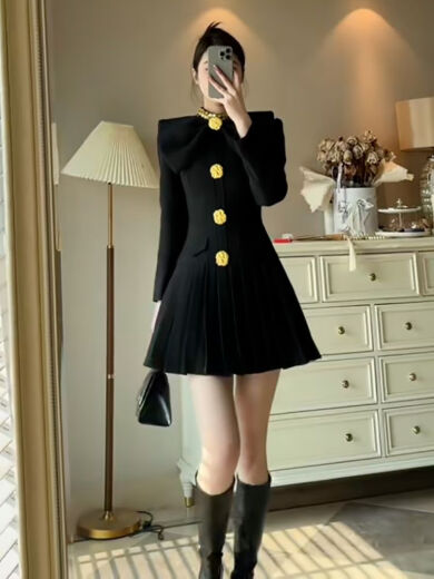 Xue Qianduo Annual Party Dress Women's 2024 New Spring Hepburn Style Belly Covering Short Black Single-breasted Dress Texture Black Dress S Recommendation 82-95Jin [Jin equals 0.5 kg]
