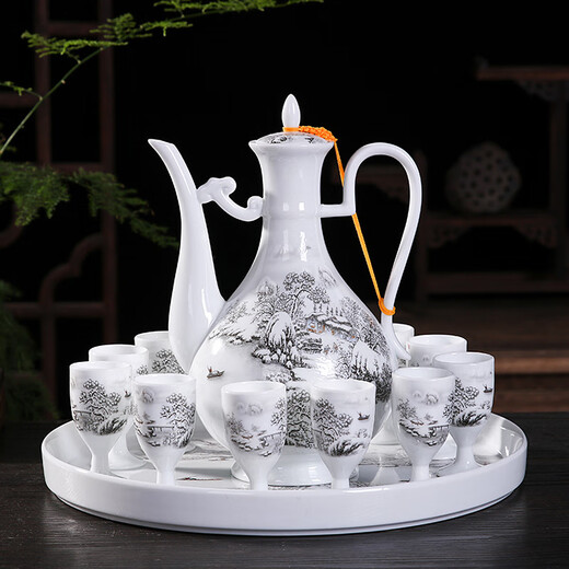 Xihe Yinyao Xihetang Jingdezhen Ceramic Wine Set Liquor Goblet Spirit Cup Blue and White Wine Pot Set Wine Cup Snow Scenery Style (1 Pot, 10 Cups, 1 Tray)