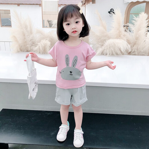 布潮星女童套装夏装新款夏季儿童洋气女宝宝童夏天短袖T恤短裤小孩衣服 粉红色（上衣+裤子） 110码建议3-4周岁）