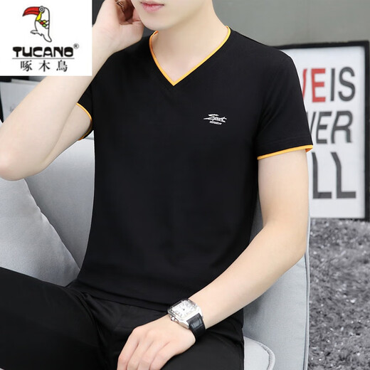 Woodpecker (TUCANO) Odell Cotton Summer V-neck Short-sleeved T-shirt Men's Trendy Base Shirt Half-sleeved Slim Body Shirt Pure Cotton Casual Clothes Q691 Blue Gray XL [Suggested 125-140Jin [Jin equals 0.5 kg]]