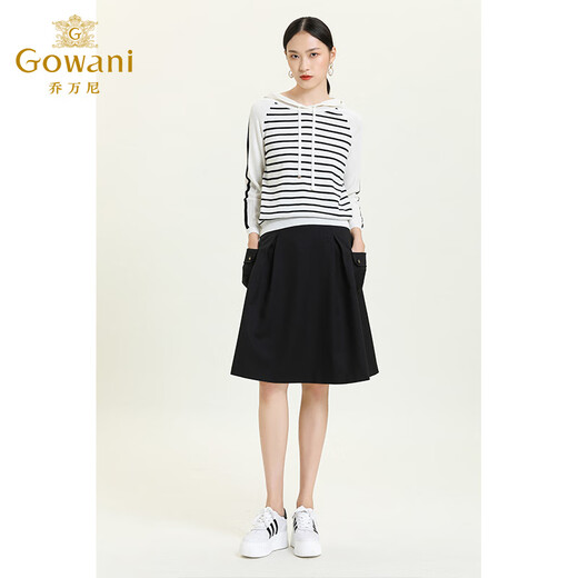 Giovanni spring new hooded sweatshirt striped black and white stitching designer wool long-sleeved top black striped S