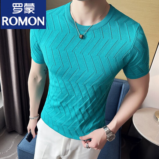 罗蒙（ROMON）夏季冰丝黑色男士高端短袖t恤男镂空针织圆领修身新款透气T恤薄款 9759灰色 (菱形格款) M