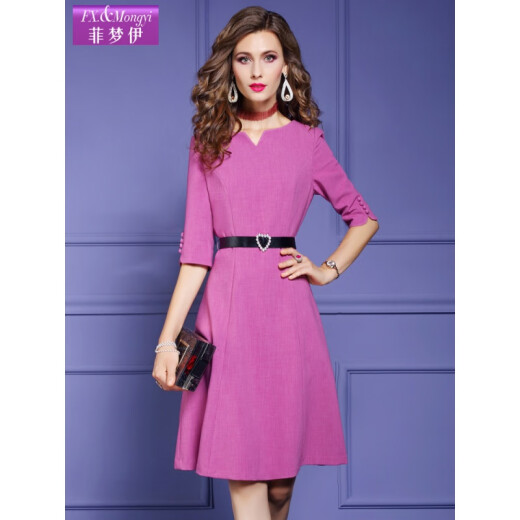 Feimengyi solid color dress for women 2020 autumn new style fashionable waist simple casual mid-length A-line skirt bright pink 2XL