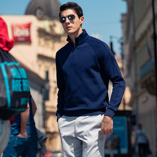 Mr. Bu Zipper Halbhochhöhe Nackenwinddichte Pullover Feder und Herbst Einfacher Druck verdickter Langarm T-Shirt YS12163 Deep Sea Blue M (170)