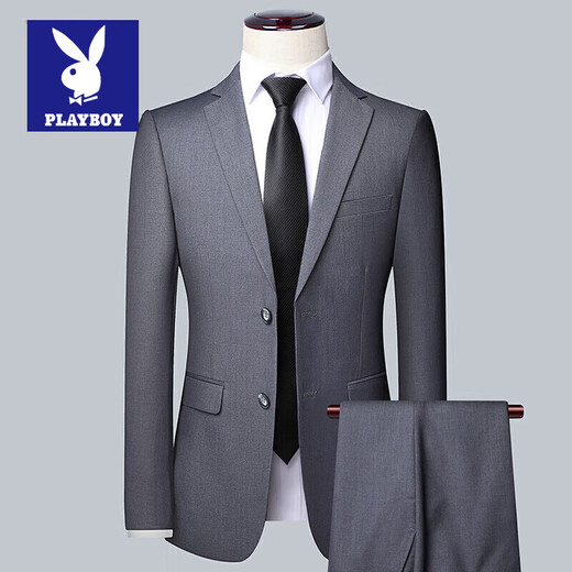 Playboy Suit Men's Business Professional Formal Wear Small Suit Men's Wedding Groom Work Spring Autumn Slim Jacket Men's Double Button Black (Suit + Pants) XL (175)