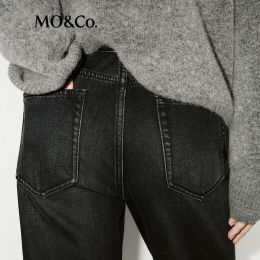 MO&Co. jeans tailored mid-high waist nine-point small straight tapered washed black hand-rubbed Nekosuma Anko denim black L 28