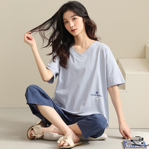 Aus dem Herzen reine Baumwollpyjamas für Frauen im Sommer kurzärmelige Hose dünne V-Ausschnitt Lose Frauenpyjamas Sommer-Freizeitkleidung C ha 684 m Frauen [High 150-160 Gewicht 80-100 Jin [Jin gleich 0,5 kg]]]