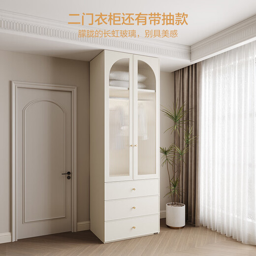 Quanyou Home French Cream Wardrobe Dressing Table Combination Wall-mounted Glass Wardrobe Plus Height Clothes Storage Cabinet Three-Door Wardrobe + Dressing Cabinet + Makeup Mirror + Makeup Stool