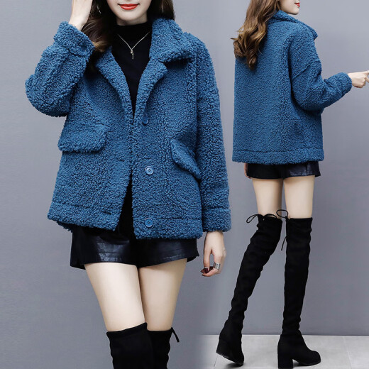 Nanjiren Short Women's Jacket 2021 Spring New Small Women's Korean Fashion Versatile Loose Slim Thick Shearling Jacket BH430-9669-Blue M