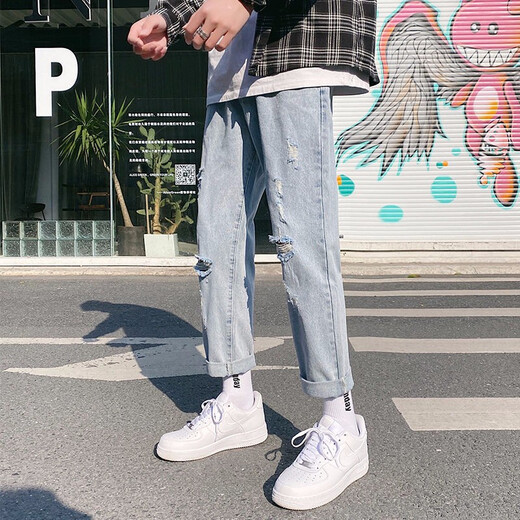 Zuoyoupin automne et hiver un jean droit à neuf points pantalon de marque de marque en liberté pour hommes pantalons polyvalents masculins tc679 bleu clair déchiré m