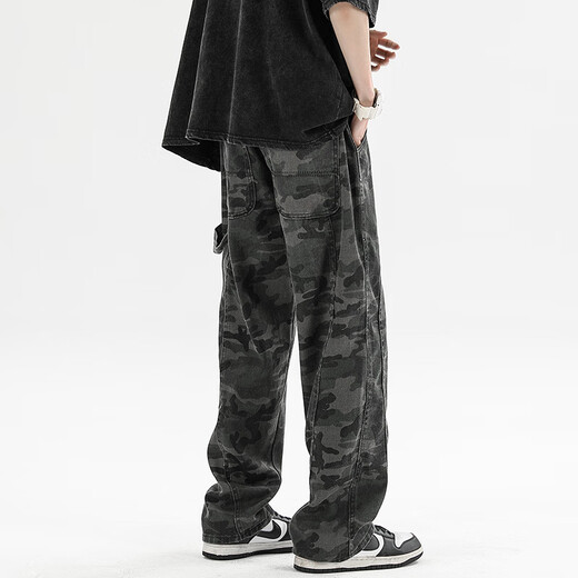 Homlean amouflage jeans jeans jeans Men's Awumn Loose American Mardy Brand Прямые повседневные длинные брюки HS42 Camouflage Black XL