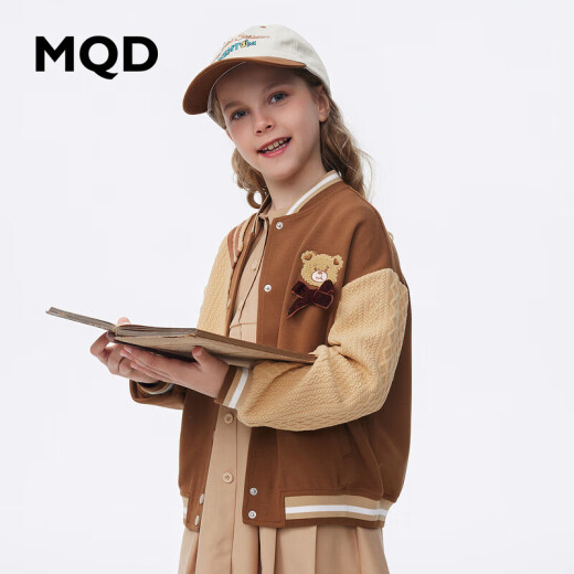 MQD children's clothing girls spring and autumn baseball uniform sweet children's cardigan jacket light coffee 140