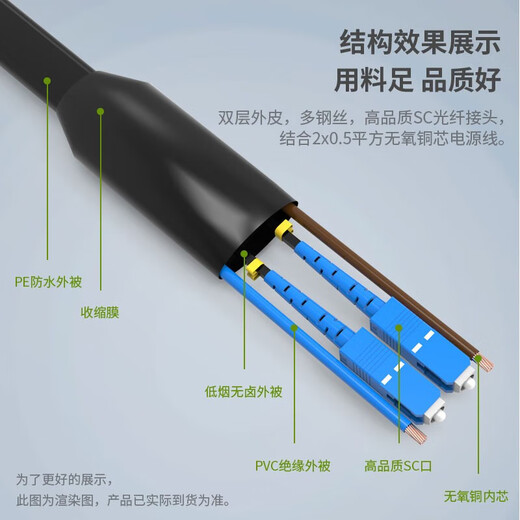HKN广东海康国标光电复合缆带电源线一体线2芯光纤跳线综合线SC电信级成品皮线室外监控安防工程光缆 【2芯】皮缆综合线100米【无氧铜】0.5mm