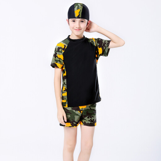 Yosoci children's swimsuit for big boys quick-drying swimwear hot spring shorts short sleeve long sleeve sunshade boy 120Jin [Jin equals 0.5kg] three-piece set with swimming cap 155 black long sleeve (2045) 4XL