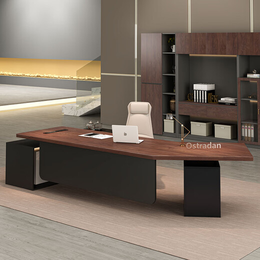 Oscarden Juzi Solid Wood Boss Desk with Side Cabinet Socket Black Walnut President Desk Law Firm Office Tea Table Integrated Style-Color-Size Customized Photoshoot