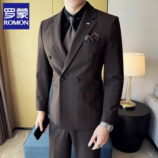 ROMON Light luxury haute couture groom wedding suit male British slim dress business formal striped suit dark coffee color # (suit + trousers) L