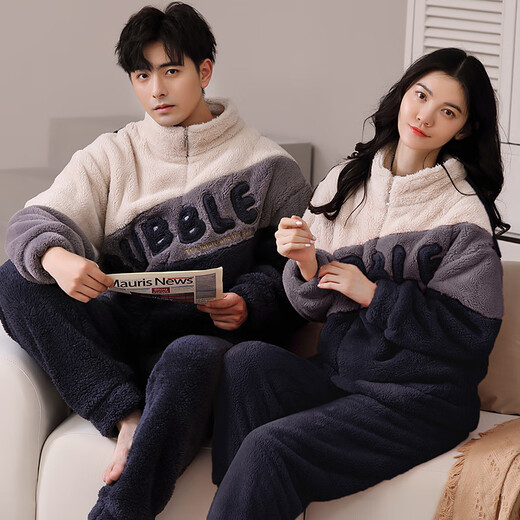 Yalu Zipper Stand-up-Kragenpaar Korallenletter Pyjamas für Frauen, verdickte und warme Heimkleidung für Männer im Herbst und Winter, modische Außenbeschäftigung 02l8802 Frauen/ 02l9902 Männer xxl Frauen