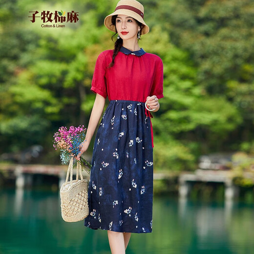 子牧棉麻夏装 女娃娃领套头收腰显瘦短袖连衣裙9765 红色 XXL(建议135-145斤)