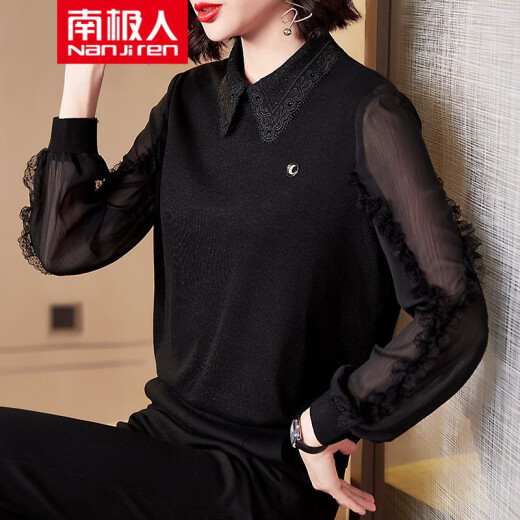 Antarctica black knitted top autumn clothing 2020 new women's fashionable age-reducing splicing bottoming shirt to cover the belly long-sleeved T-shirt black L