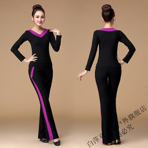Jingting thickened modal square dance clothing suit long I sleeve new fitness dance sportswear dance clothes for women long I sleeve thickened black + wine red edge suit 3XL