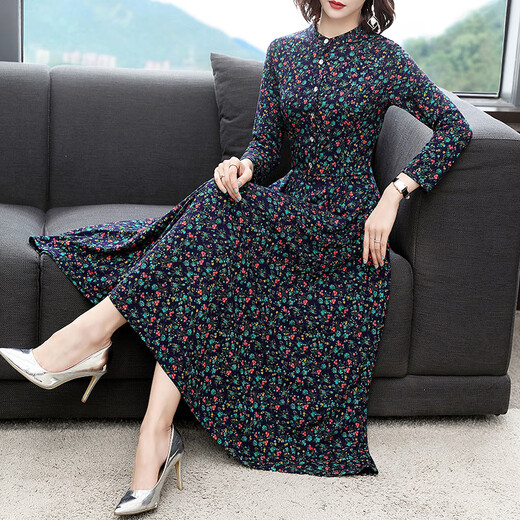 FHHUABD中年妇女40至50岁穿的连衣裙春秋长袖中老气质碎花修身女过膝大 绿色 3883# M 建议100斤