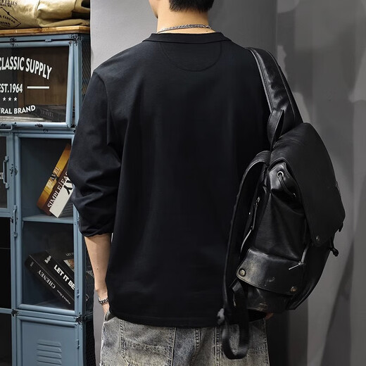 Gu Xiansen Autumn American Retro Henley Collar Men's Long Sleeve T-Shirt Trendy Brand Heavy Cotton T-shirt Loose Casual Bottoming Shirt Black L 120-140Jin Jin is equal to 0.5 kg