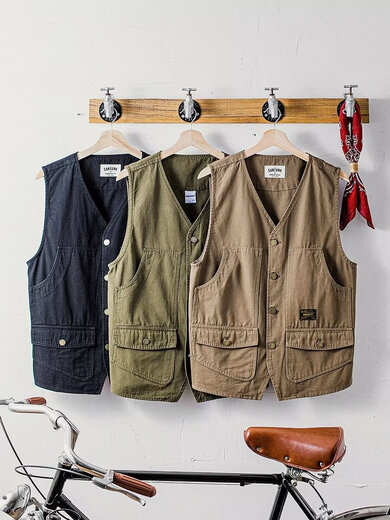 [High-end outdoor] Middle-aged and elderly men wearing thin multi-pocket vests on both sides of fishing vests on spring and autumn photography Green 2XL