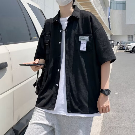 
Phoenix waffle shirt men's short-sleeved design niche salt-style Hong Kong-style retro shirt American summer new jacket trend white XL