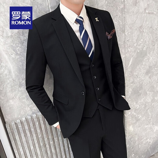 Luo Meng Men's Suit Suit 2025 Autumn and Winter New Wedding Dress Fashion Business Professional Suit Three-piece Set for Men One Button Black L